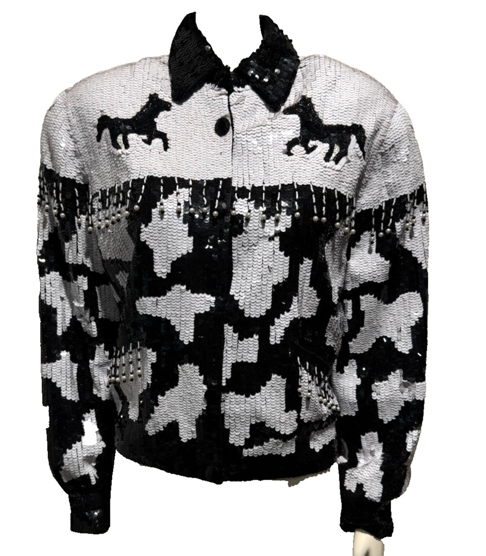 Vintage MODI Equestrian Sequin Silk Bomber Jacket Horses Black White Fringe Sz S